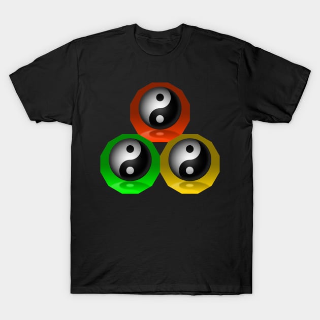 Yin Yang Triangle - Orange, Yellow and Green T-Shirt by The Black Panther